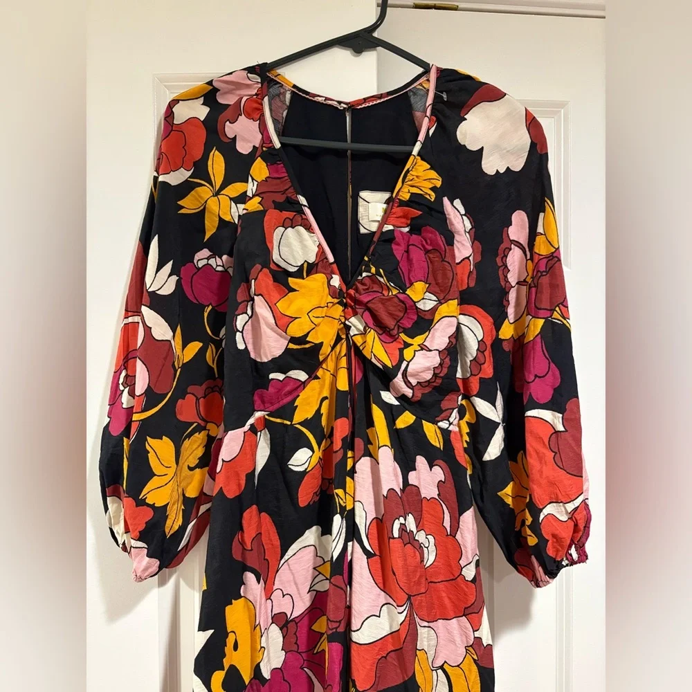 Maeve Floral Midi Dress with V-Neck & Long Sleeves – Size 0 - Picture 6 of 8
